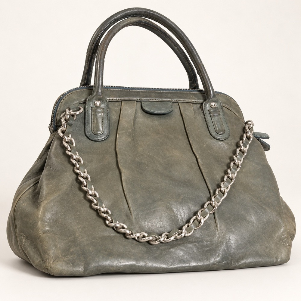 Banana Republic Forest Green Leather Pleated Satchel Bag Silver Chain Detail